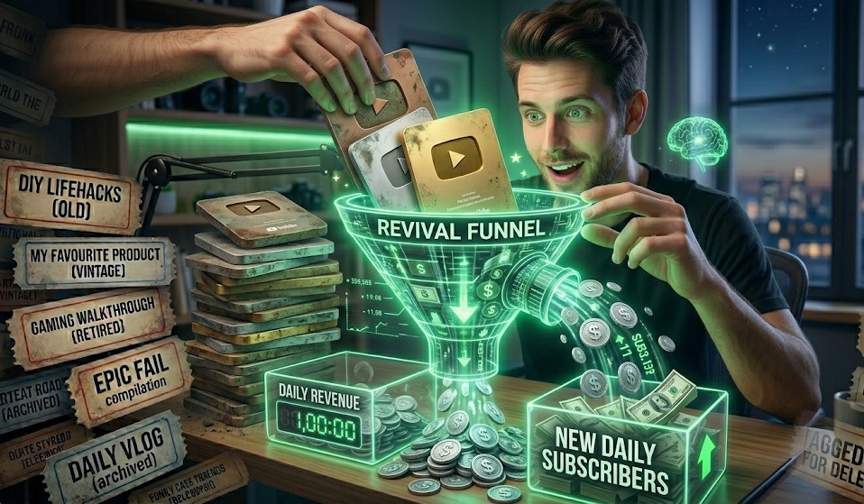 A funnel turning old YouTube play buttons into continuous daily revenue and subscribers.